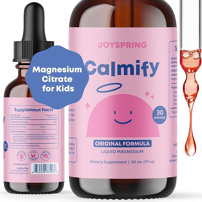 JoySpring Kids Daily Magnesium Routine – Glycinate &amp Citrate Liquid Drops with L-Theanine Chamomile &amp Passion Flower – Kid-Friendly Mineral Supplement for Children