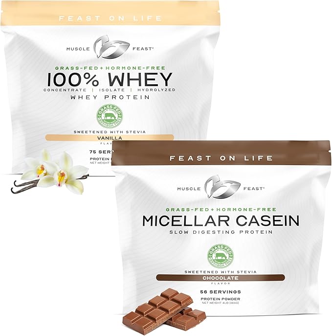 Muscle Feast 100% Whey Concentrate Isolate &amp Hydrozlyed Blend - Vanilla 5lb (x1) and Micellar Casein Protein Powder - Chocolate 4lb (x1) - Grass Fed All Natural Hormone-Free Whey Protein