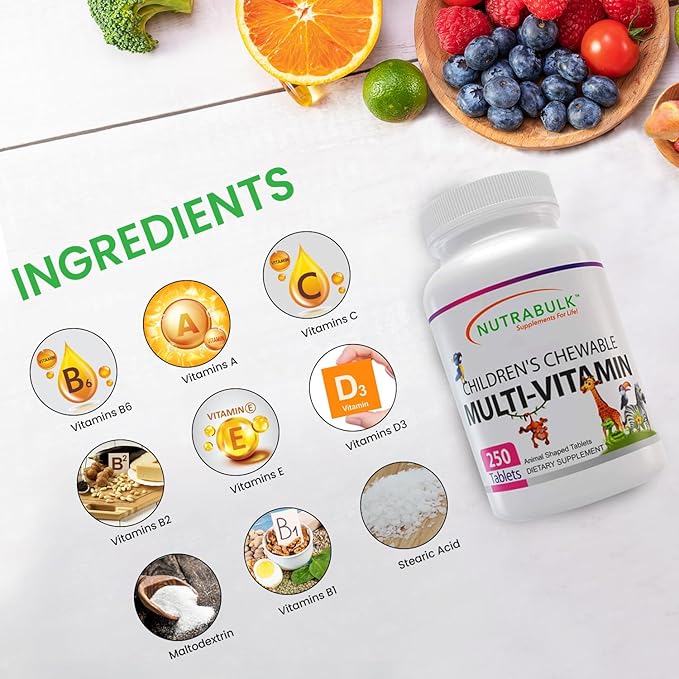 NutraBulk Children’s Chewable Multi-Vitamins - Promoting Kids' Overall Development - USA-Made May Help to Support Immune Bone Brain &amp Overall Well Being- Vegan &amp Gluten Free - 250 Cherry Ta