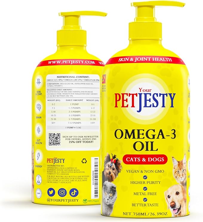 PetJesty Pure Omega 3 Oil for Dogs &amp Cats 26.39oz - Omega 3 Skin &amp Coat Support- Liquid Food Supplement for Pets - Vegan pet + DHA for Joint Function Immune &amp Heart Health Non Fish Oil D