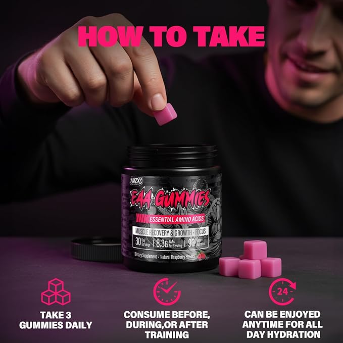 EAA Gummies - 2:1:1 BCAA Formula (8300mg) - Essential Amino Acids for Muscle Recovery &amp Endurance - Non-GMO Gluten Free Sugar Free Vegetarian Raspberry Flavor - 90 Count