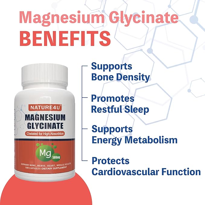 Magnesium Glycinate 500mg 100% Chelate for High Absorption Magnesium Supplement for Sleep Muscle Heart Never and Bone Support 180 Capsules
