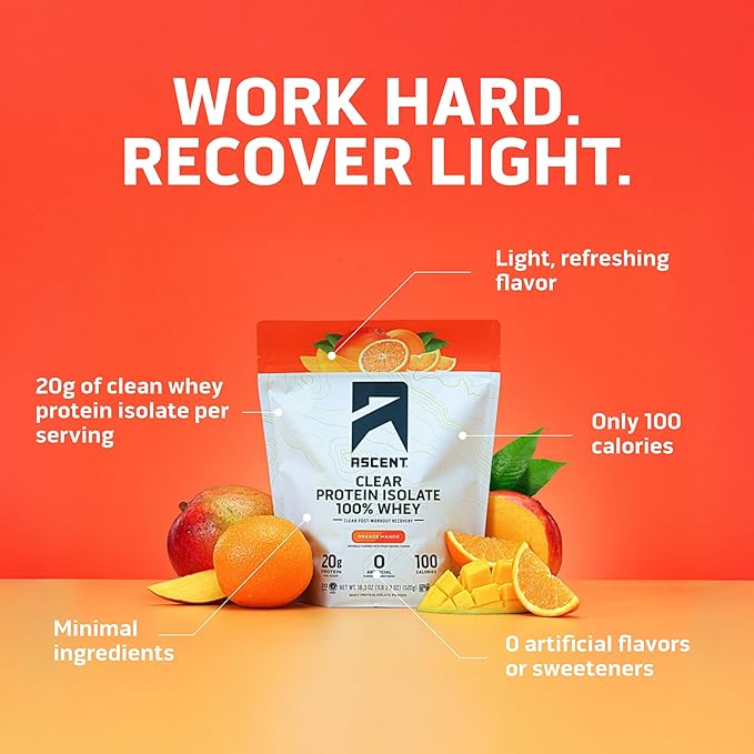 Ascent 100% Clear Whey Protein Powder - Post Workout Zero Artificial Flavors &amp Sweeteners Gluten Free 5.5g BCAA 2.1g Leucine Essential Amino Acids Orange Mango 20 Servings