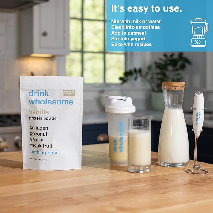 drink wholesome Vanilla Collagen Protein Powder for Sensitive Stomachs | Minimally-Processed Whole-Food Protein | Additive-Free Dairy-Free Gluten-Free | Low FODMAP