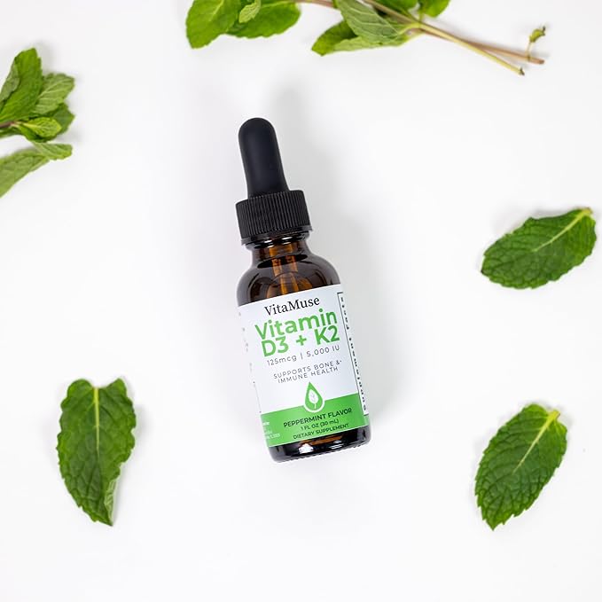 Vitamin D3 + K2 Drops 5000 IU D3 100 mcg K2 MK-7 Peppermint Flavor Liquid Tincture with Organic Oils Non-GMO Gluten-Free 1 fl oz