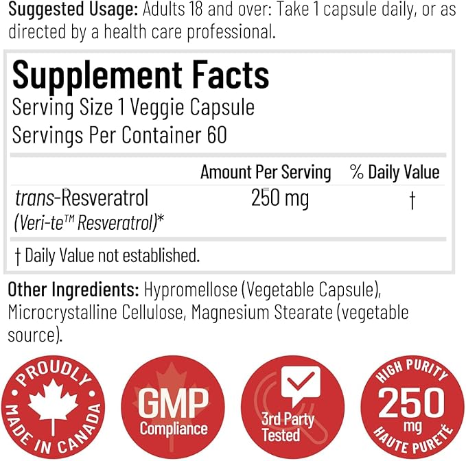 Arcwell Ultra Pure &gt99% Trans-Resveratrol 250 mg per Capsule - 60 Vegetable Capsules | High Potency Antioxidant | Highly Bioavailable