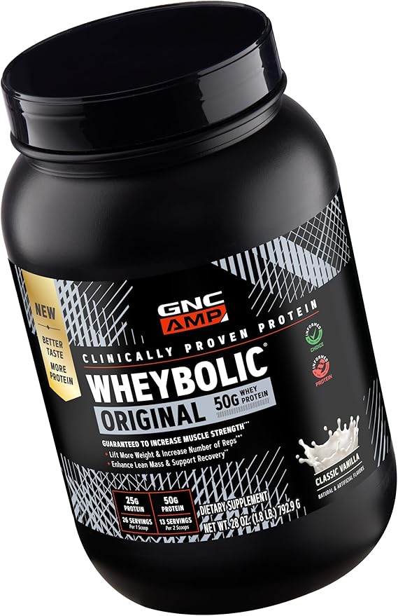 GNC AMP Wheybolic Clinically Proven Protein Powder 50g Whey Protein BCAA Leucine Increases Muscle Strength Muscle Building 3rd Party Tested Gluten Free Classic Vanilla 13 Servings
