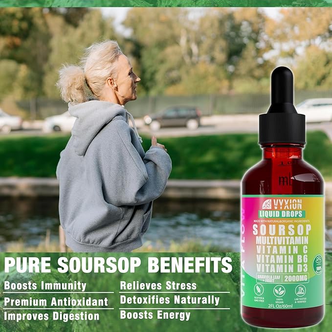 Vyxion Soursop Bitters Liquid Soursop Multivitamin Drops - 2000mg 10:1 Extract from Fruit &amp Leaf Vitamin B6 C D3 Graviola Liquid Drops | Vegan Non-GMO | 2 Fl Oz