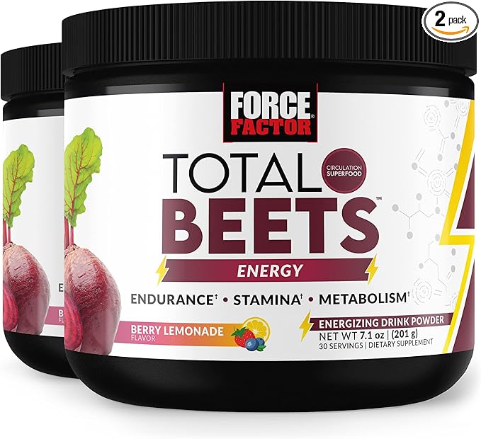 Total Beets Energy Drink Mix 2-Pack Superfood Beet Root Powder Nitrates to Boost Energy Support Circulation Blood Flow Nitric Oxide and Stamina Heart Health Supplement Force Factor 60 Servings