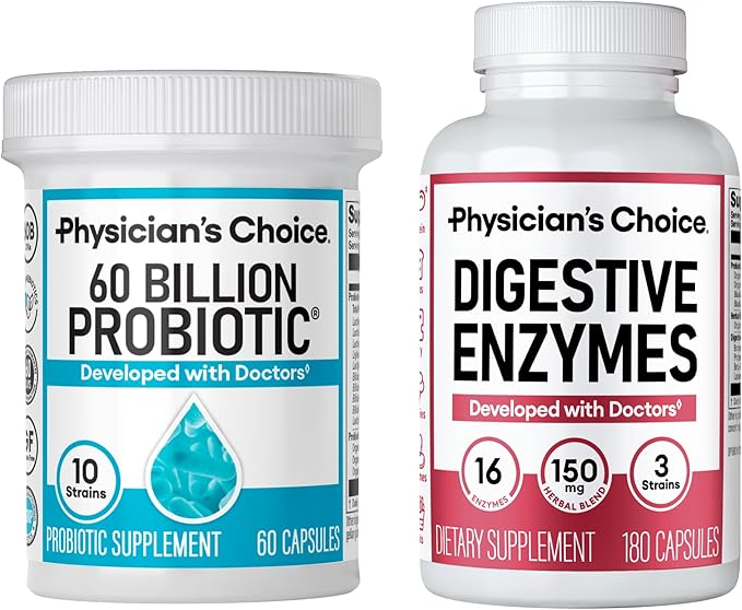 Physician's CHOICE Advanced Gut Health Bundle: 60 Billion Probiotics 60ct + Digestive Enzymes 180ct for Digestive Gut and Immune Health Supports Occasional Constipation Diarrhea Gas and Bloating