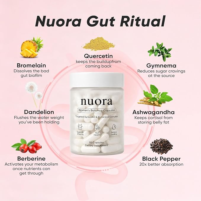Nuora Gut Health Capsules Nuora Gut Biofilm Probiotic Ritual Promotes Metabolism &amp Gut Vegan Non-GMO for Women 90 Capsules (1)