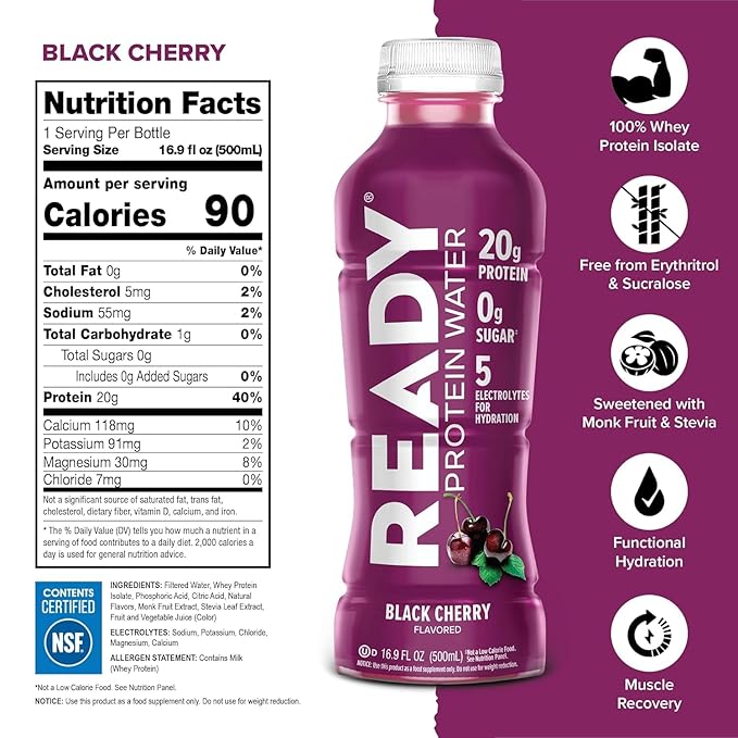 Ready® Clear Protein Water - 20g Whey Protein Isolate Zero Sugar Low-Calorie Sports Drink for Hydration &amp Recovery - Electrolytes Essential Amino Acids - 8CT Total - 4CT Black Cherry x2 16.9 f