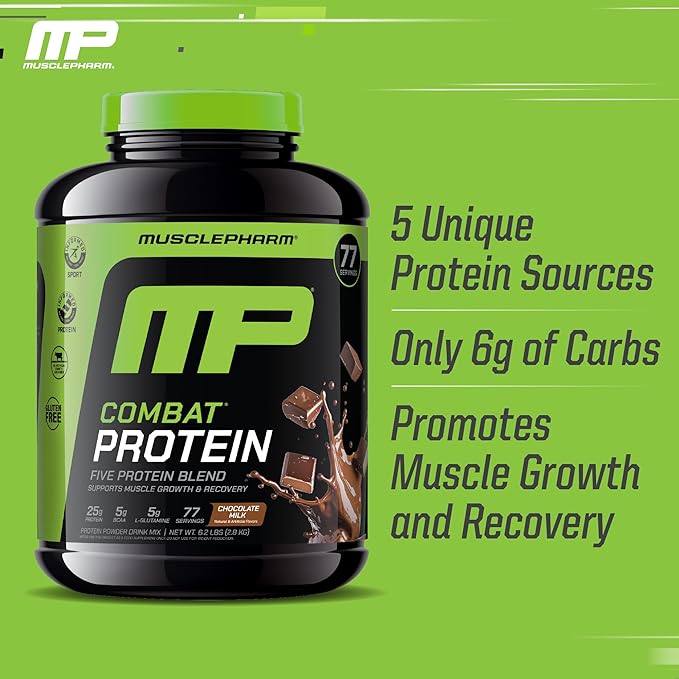 MusclePharm Combat Protein Powder Chocolate Milk Flavor Fuels Muscles for Productive Workouts 5 Protein Sources Including Whey Protein Isolate &amp Egg Albumin Gluten Free 6.2 lb 77 Servings