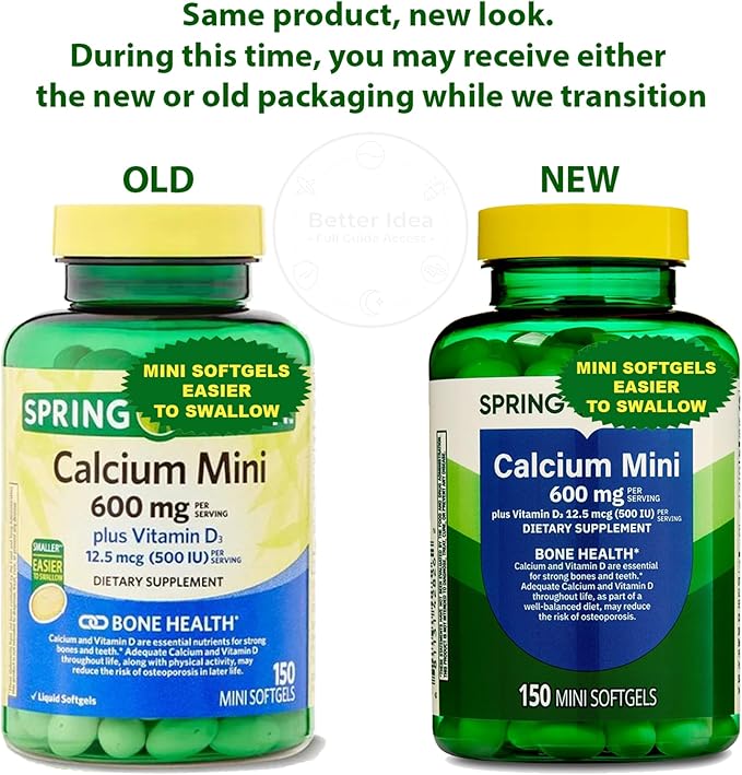 Spring Calcium Plus Vitamin D3 150 Mini Softgels | Calcium Supplement | Easier to Swallow | CaIcium 600 mg with Vitamin d3 | 150 Mini Softgels + Better Idea Sticker with Full Guide Access
