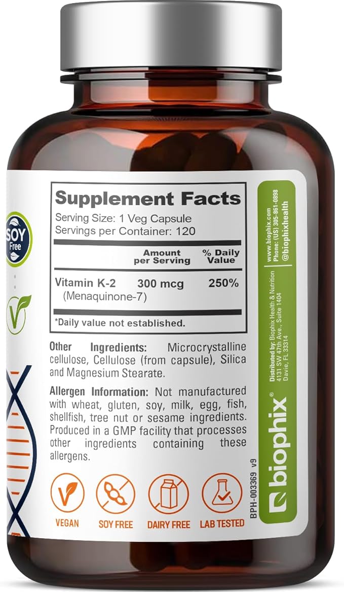 biophix Vitamin K2 MK-7 300mcg 120 Vegan Capsules – High-Potency Supplement for Bone Strength and Immune Health