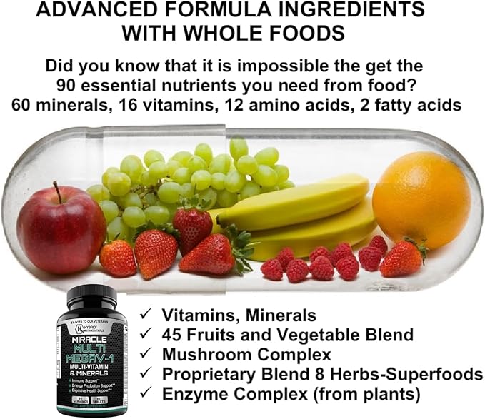 MEGAV-1 Multi-Vitamin Superfood &amp Minerals - Daily Multivitamin with Probiotics Digestive Enzyme Mushroom Complex for Heart Health Immune Support Energy &amp Stamina: 2-Pack 180 Tablets