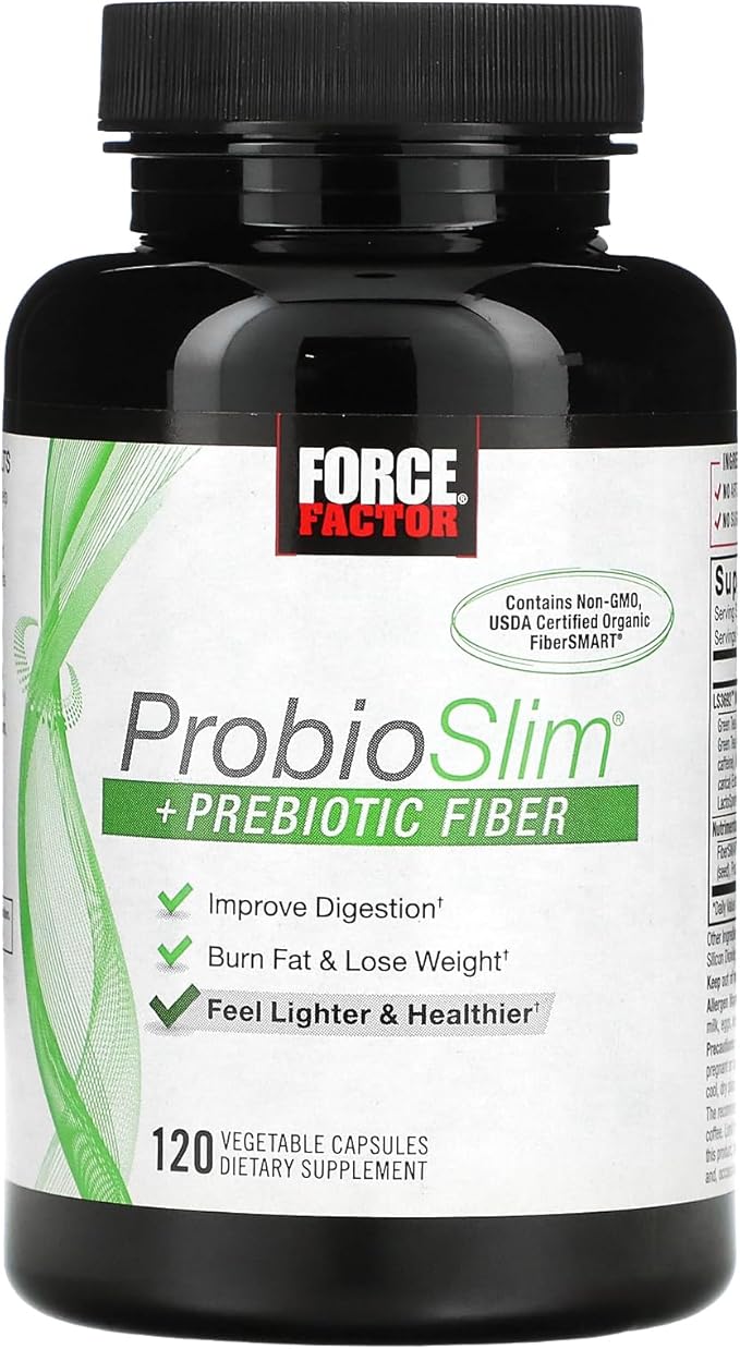 Force Factor ProbioSlim + Prebiotic Fiber Weight Loss Supplement for Women and Men Probiotic and Prebiotic Digestive Health Support with Green Tea Extract and Psyllium Husk Fiber 120 Capsules