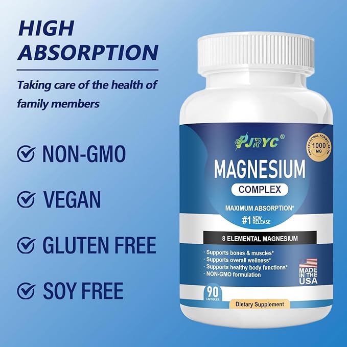 Magnesium Complex Supplement - 1000mg with 8 Magnesium Forms: Glycinate Citrate Malate Taurate &amp Orotate - Supports Muscle Function Bone Strength &amp Relaxation - Vegan Non-GMO - 180 Capsul