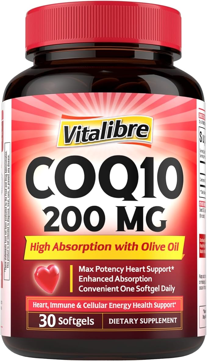 CoQ10 200 mg with Extra Virgin Olive Oil High Absorption CoQ10 Ubiquinone Max Potency Heart &amp Cellular Energy Support Powerful Antioxidant Easy to Swallow Once Daily 30 Softgels