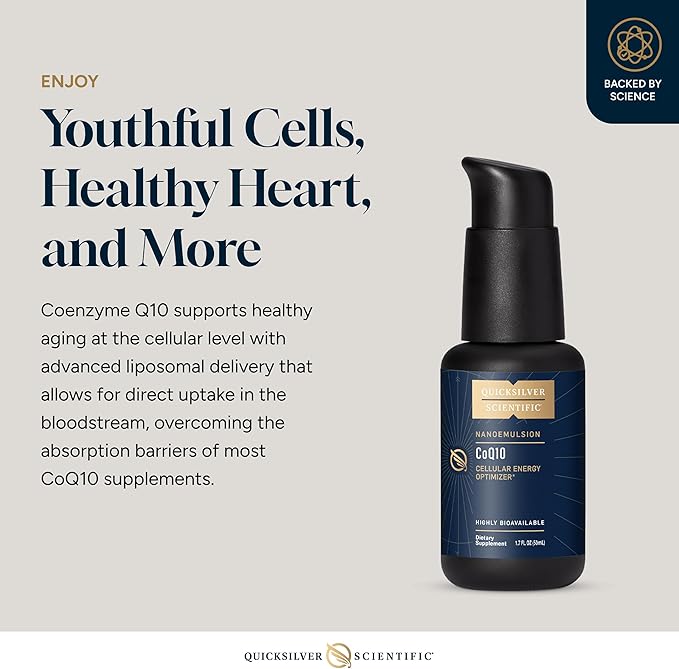 Quicksilver Scientific CoQ10 Nanoemulsion - Liposomal Coenzyme Q10 Cardiovascular Support &amp Cellular Energy Supplement - Fast Absorbing Liquid (1.7oz / 50ml)