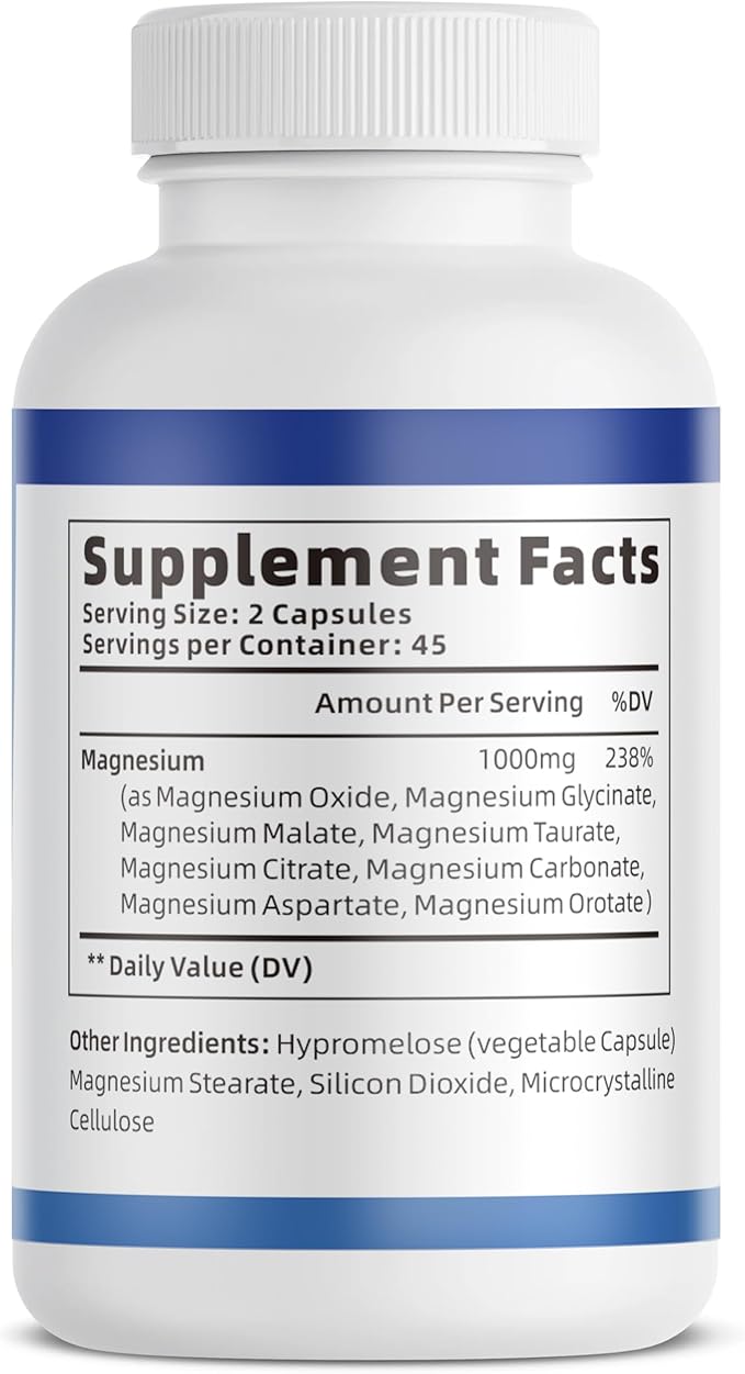 1000mg Magnesium Complex for Women &amp Men* 8 Elemental with Magnesium Glycinate Citrate Malate Taurate Oxide Carbonate Aspartate Orotate for Bones Muscle Recovery Energy Vegan 90 Capsu
