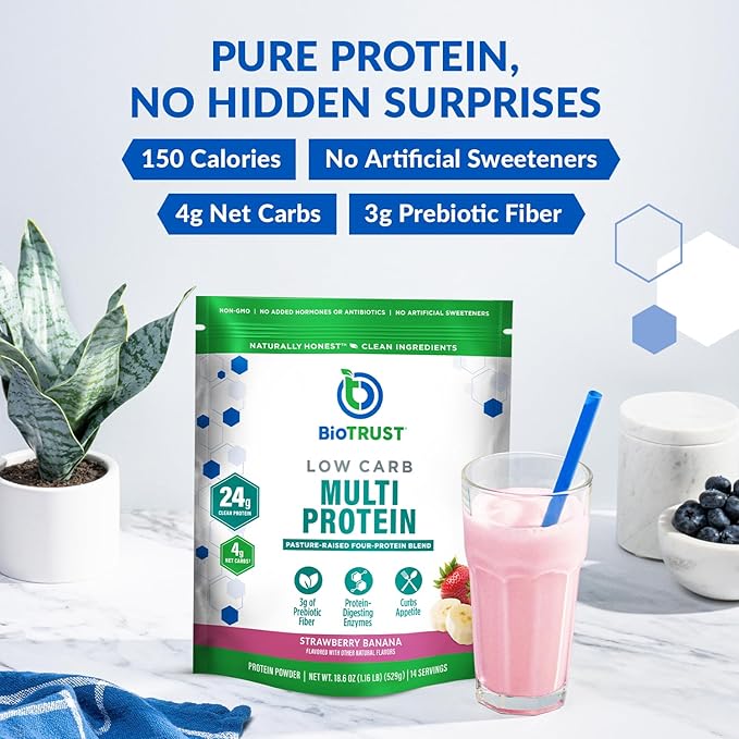 BioTrust Low Carb Protein Powder – Delicious Whey &amp Casein Blend from Grass-Fed Hormone Free Cows – Non GMO Gluten Free (Strawberry Banana)