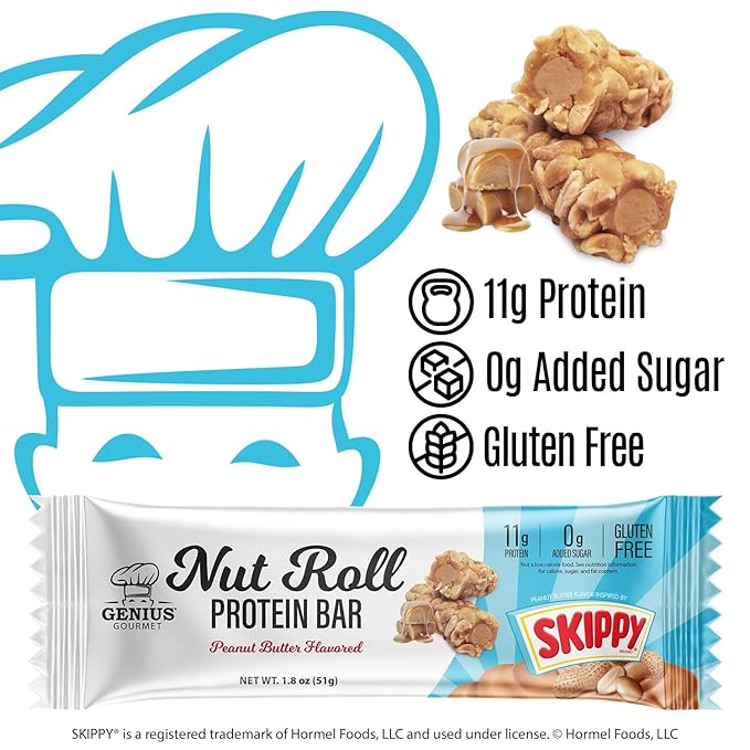 Genius Gourmet SKIPPY Peanut Butter Flavor Inspired Protein Nut Roll Bar11g Protein per serving(18% DV) 0g Added Sugar Carb Conscious Snack Bar Gluten Free – 10 Count