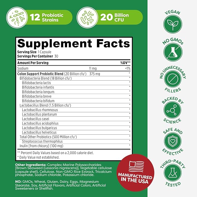 Probulin Colon Support Probiotic Supplement Daily Gut Digestive and Immune Health Probiotics Capsules for Men and Women 20 Billion CFU Vegan 30 Count Bottle