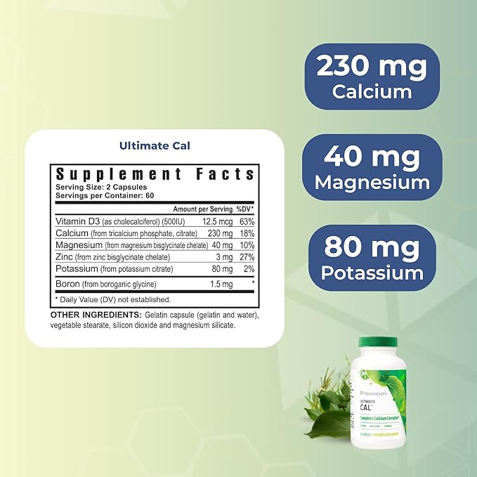 Youngevity Ultimate Cal - Calcium Magnesium Bone Health Supplement with D-3 Zinc Potassium Boron - Highly Absorbable - Immune and Bone Ligament Support - 120 Capsules (Pack of 1)