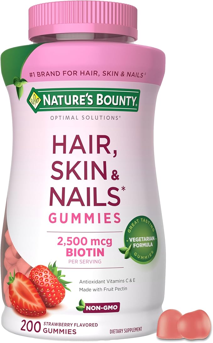 Nature's Bounty Optimal Solutions Hair Skin and Nails Pectin Gummies 2500 mcg Biotin Per Serving No Stick Gummy Vegetarian Formula Strawberry Flavor 200 count 100 Total Servings