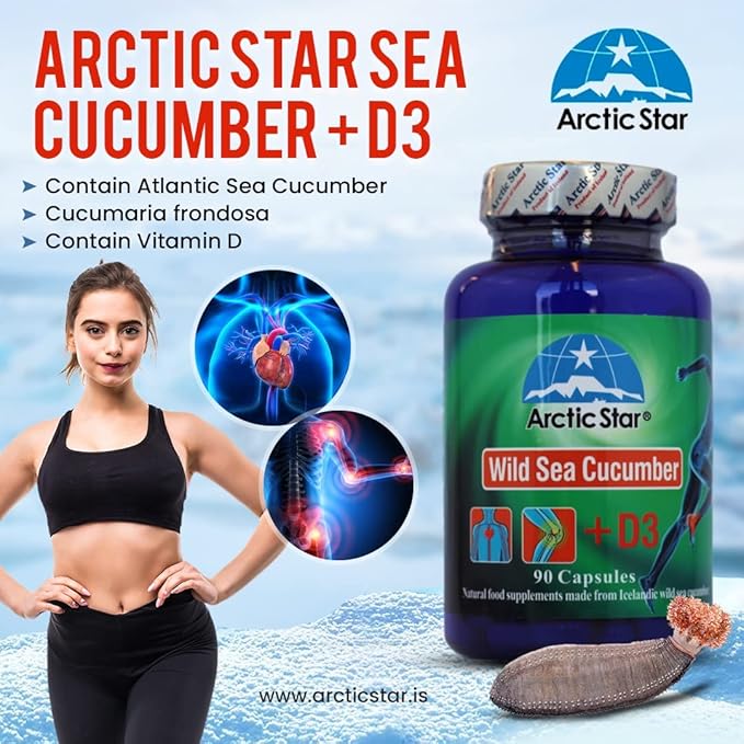 Arctic Star - Sea Cucumber with Vitamin D3 Capsules Pure Icelandic Wild Caught Sea Cucumber Extract &amp D3 Supplement Pills - Cucumaria Frondosa 北极星海参+D3胶囊 (90 Capsules 400mg) 1Bottle