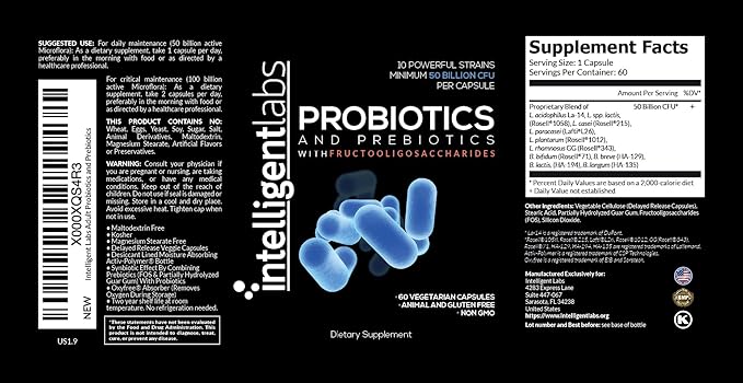 Intelligent Labs Probiotic 50 Billion CFU with Prebiotics PHGG &amp FOS No Refrigeration Needed Once Daily 10x Effectiveness 60-Day Supply Third-Party Verified