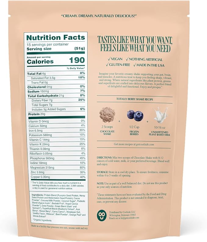Coolside Superfood Plant Protein – 20g Smooth Seed Protein Blend – Prebiotic Fiber for Easy Digestion – Superfoods and Greens - Daily Wellness Shake for Health and Longevity - Chocolate