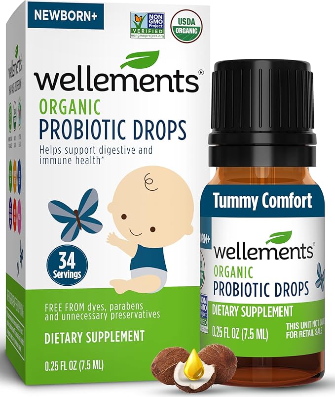 Wellements Organic Baby Probiotic Drops (0.25 Fl Oz) - Digestive &amp Immune Support for Infants - Toddler Probiotic Helps with Newborn+ Gut Health Gas Constipation &amp Colic Support - Preservati