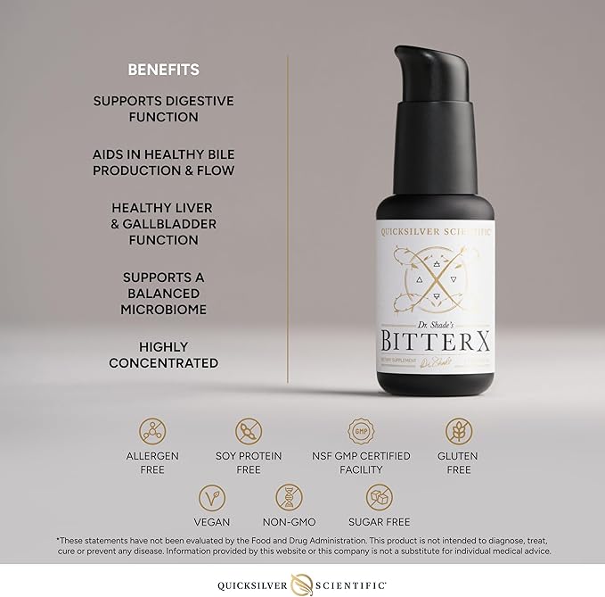 Quicksilver Scientific Dr. Shade's BitterX - Highly Concentrated Bitters for Digestion - Fast Acting Digestive Support &amp Liver Supplement with Dandelion Root Gentian Root Solidago &amp Myrrh (5