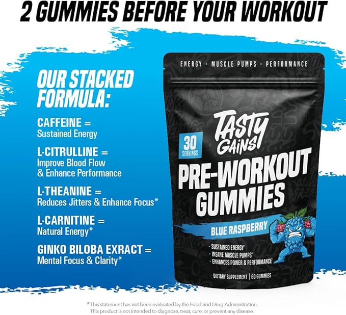 TASTY GAINS - Pre-Workout Gummies – Energy &amp Focus Boost Caffeine Gummies for Men &amp Women 200mg of Caffeine Fat-Burning Preworkout for Strength &amp Endurance (60 Pineapple Mango)