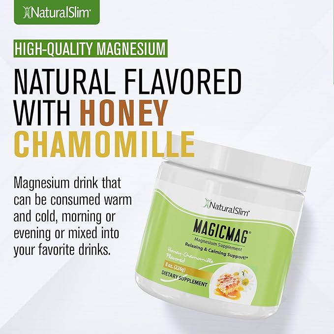NaturalSlim Magicmag Pure Magnesium Citrate Powder Stress Constipation Muscle Heart Health and Sleep Support | Honey Chamomile Flavored Magnesium Supplement - 8oz Drink Mix (3 Pack)