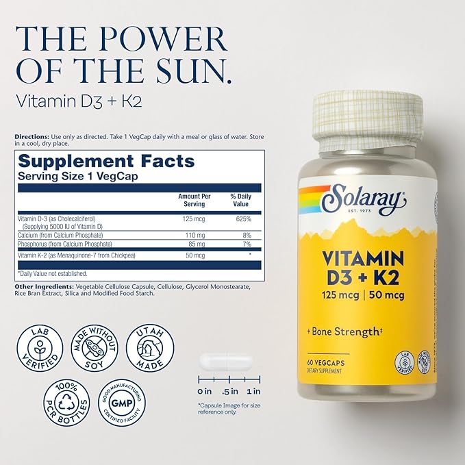 SOLARAY Vitamin D3 K2 and Magnesium Glycinate - Bone Health Bundle - Calcium Absorption Nerve Heart and Immune Support w/ 5000 IU Vitamin D 350mg Chelated Magnesium 60-Day Guarantee 60ct/120ct