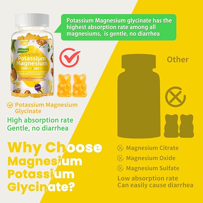Potassium Magnesium GummiesHigh Absorption Magnesium GlycinateB6D3Potassium Citrate for Leg CrampsMuscleElectroyte for Adults KidsSugar-Free 120 Gummies (Pineapple)