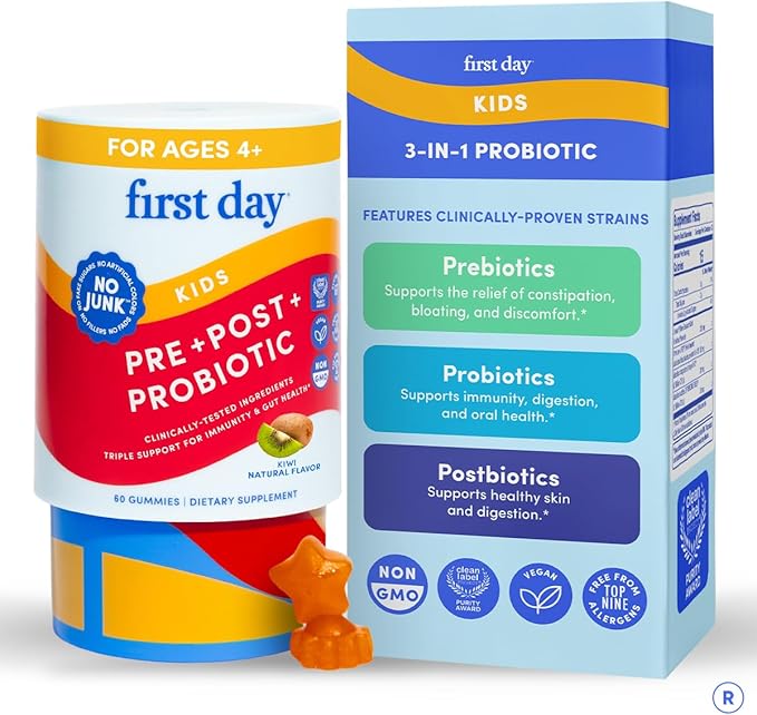 FIRST DAY Kids 3-in-1 Probiotic Gummies – Prebiotic + Probiotic + Postbiotic Supplement – Supports Digestive &amp Oral Health Immune Function &amp Energy Levels – 30-Day Supply