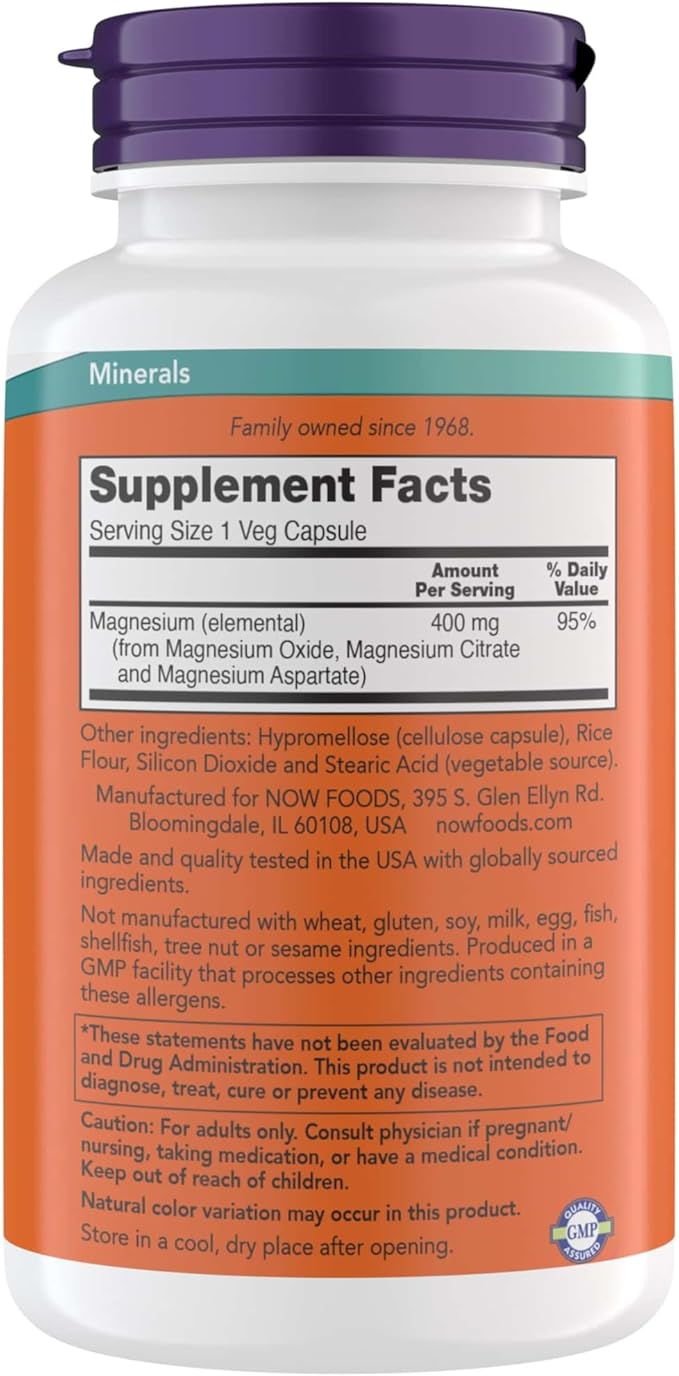 Now Supplements Magnesium 400mg - Enzyme Function* Nervous System Support* - Magnesium Supplement for Men and Women Kosher Vegan 360 Veg Capsules