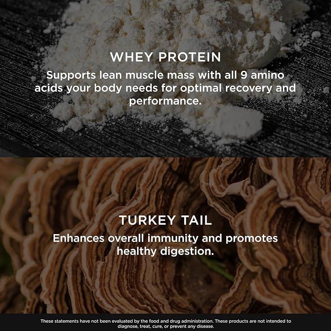 The Genius Brand Protein Powder - Chocolate + Adaptogenic Mushroom Blend - Plant-Based Protein with Turkey Tail for Gut Health - Daily Muscle Recovery &amp Immune Support - 20 Servings