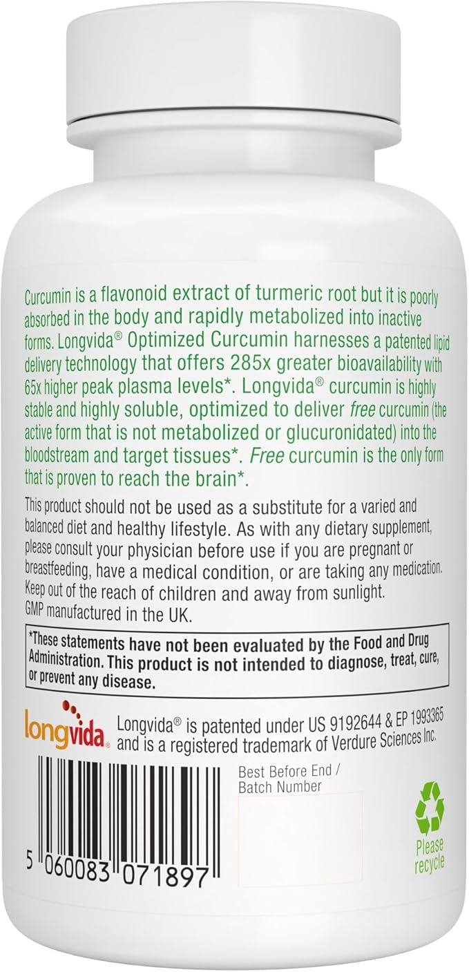 Igennus Longvida Lipidated Curcumin 500mg Ultra Bioavailable &amp Sustained Action 65x Higher Plasma Levels Intensive Support Free-Form Curcumin Vegan 90 Capsules