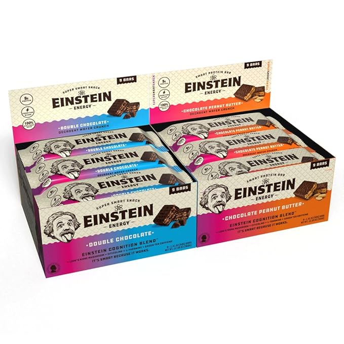 Einstein Energy Smart Snack Bars- Double Chocolate &amp Peanut Butter Protein Bars with Lion’s Mane Green Tea Extract &amp Caffeine for Focused Energy- Chocolate Wafers Bars Boost Mind Body &amp