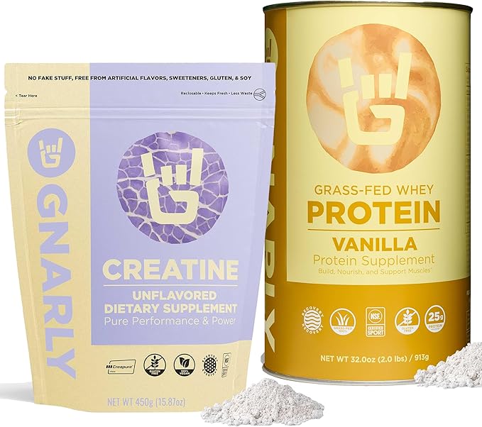 Gnarly Nutrition Creatine Powder Unflavored (16.05oz) and Gnarly Whey Grass-Fed Protein Supplement Vanilla (32.0oz)
