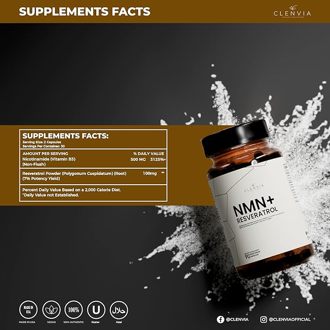 Premium NMN Supplement with Resveratrol – High Potency NAD+ Support Formula – &gt99.7% Purity – Third-Party Tested – Made in USA – 500mg Nicotinamide + 100mg Resveratrol – 90 Capsules