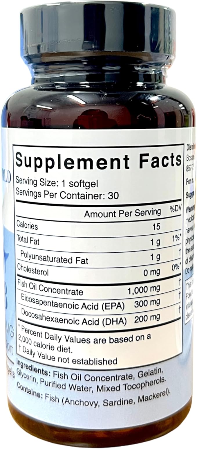 Omega-3 Fish Oil 1000 mg 30 softgels Supports Heart Brain &amp Joint Health 1 Month Supply