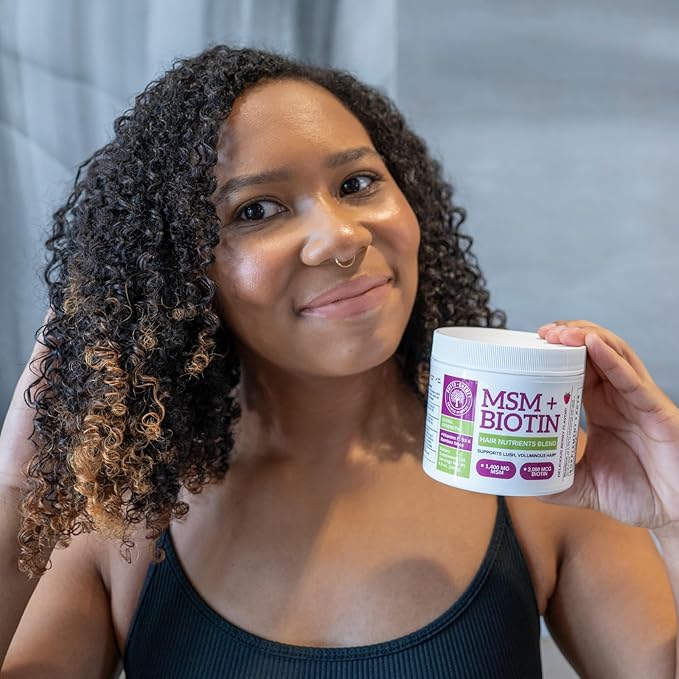 Qhemet Biologics MSM + Biotin Hair Nutrient Drink Mix - Vitamins Powder to Support Lush Volume - Bamboo Silica &amp Vitamins D3 + B12 for Hair Health - Jumpstart Your Hair Growth Journey (8.5 oz)
