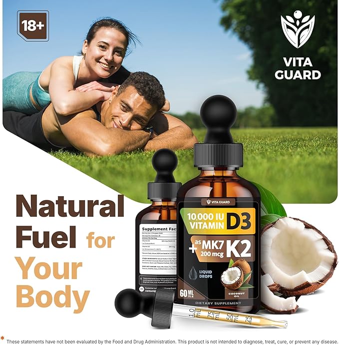 (2 Pack) Vitamin D3 K2 Liquid Drops 10000 IU + 200 mcg MK-7 – High Absorption Sugar-Free Non-GMO Bone &amp Immune Booster Vegan Supplement with Coconut Oil – 60 ml (2 oz)