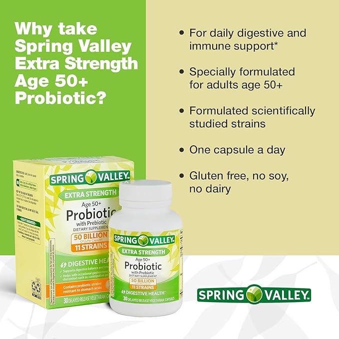Probiotic | Age 50+ | 50 Billion CFU 11 Strains 30 Capsules | Daily Probiotic Supplement | for Adults 50+ | Spring Valley + Vsl Sticker